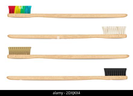 Spazzolini da denti in bambù. Setole naturali varicolate. Zero rifiuti, materiale biodegradabile. Prodotti eco-compatibili. Vista laterale, isolato su sfondo bianco. Illustrazione Vettoriale