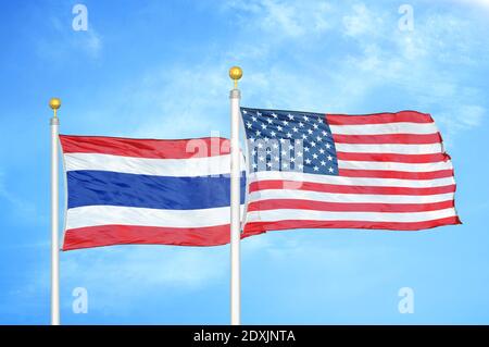 Thailandia e Stati Uniti due bandiere su flagpoli e blu cielo Foto Stock
