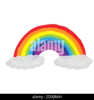 arcobaleno colorato e nuvole acquerello isolato su sfondo bianco Foto Stock
