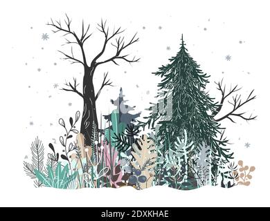 Paesaggio della foresta invernale con pino, abete e erba. Illustrazione vettoriale Illustrazione Vettoriale