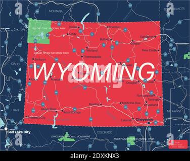 Stato del Wyoming Mappa dettagliata modificabile con città e città, siti geografici, strade, ferrovie, interstatali e autostrade degli Stati Uniti. File vettoriale EPS-10, trend Illustrazione Vettoriale