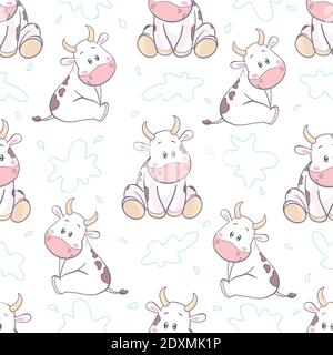 Doodle cartoon mucche modello senza giunture. Sfondo vettoriale. Illustrazione Vettoriale