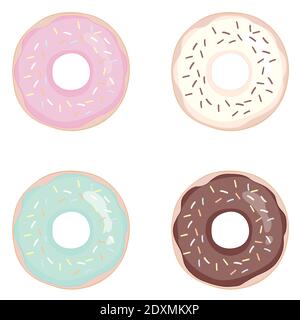 Vettore di donut impostato su uno sfondo bianco. Ciambelle alla menta, cremoso, rosa e blu smalto. Set di icone colorate Donats. Ciambelle nella collezione di smalti. Illustrazione Vettoriale