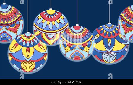 Giocattoli colorati dell'albero di Natale, palloncini. Decorazioni di Capodanno. Sfondo festivo. Un modello per congratulazioni, cartoline. Illustrazione Vettoriale