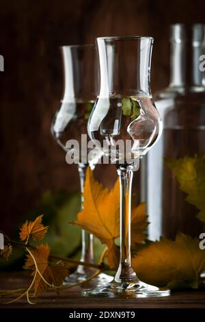 Vodka d'uva, pisco - bevanda alcolica forte peruviana tradizionale in bicchieri eleganti su tavolo di legno d'annata, spazio copia Foto Stock