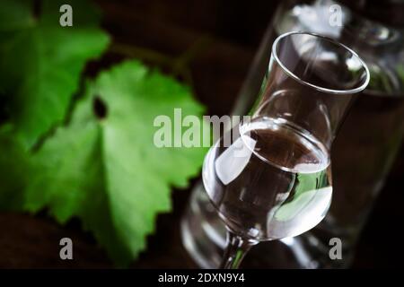 Vodka d'uva, pisco - bevanda alcolica forte peruviana tradizionale in eleganti bicchieri da shot su tavolo di legno d'annata, spazio copia Foto Stock