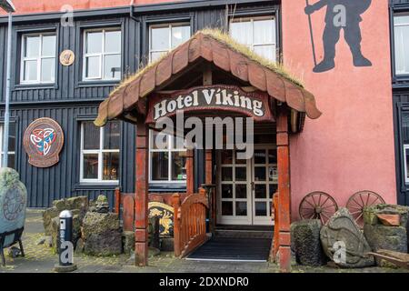 Porta d'ingresso al Viking Hotel in Hafnarfjordur Islanda A. Hotel a tema sulla cultura vichinga Foto Stock