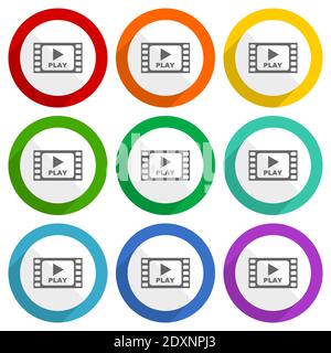 Icone vettoriali video, set di pulsanti colorati a disegno piatto per applicazioni di webdesign e mobili Illustrazione Vettoriale