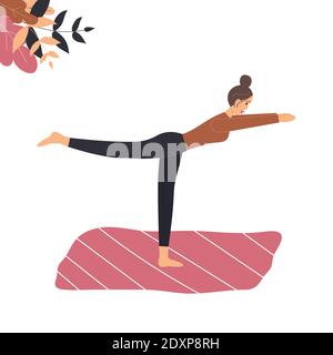 Carina donna fa yoga sul tappetino. Giovane donna nella postura di yoga Balancing Stick posa, pratica di consapevolezza, disciplina spirituale a home.Healthy lifestyle Illustrazione Vettoriale