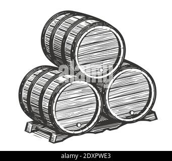 Barili in legno per il disegno del vino. Illustrazione di un vettore d'annata di alcool Illustrazione Vettoriale