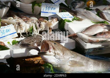 Pesce e frutti di mare in vendita in un mercato di napoli, Italia Foto Stock