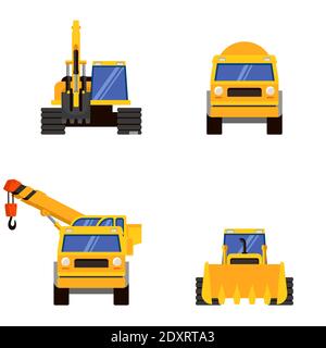 Vista frontale di diversi tipi di macchine pesanti. Veicoli per l'esecuzione di lavori di costruzione. Illustrazione Vettoriale