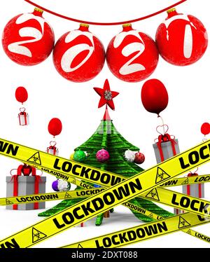 Palline rosse di Capodanno etichettate 2021 su una corda rossa con abete e regali su una superficie bianca con nastri di avvertimento gialli che dicono LOCKDOWN. Illustrazione 3D Foto Stock