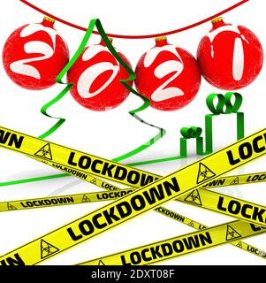 Palline rosse di Capodanno etichettate 2021 su una corda rossa con abete e regali su una superficie bianca con nastri di avvertimento gialli che dicono LOCKDOWN. Illustrazione 3D Foto Stock