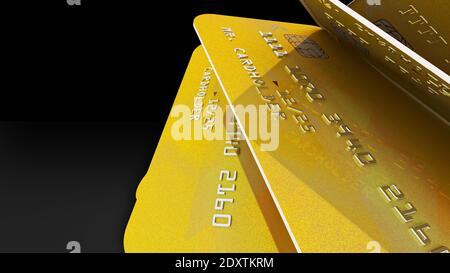 Rendering 3d di carte di credito in oro realistiche e dettagliate con design in oro astratto brillante su sfondo nero. Foto Stock
