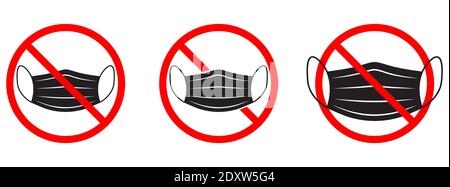 Divieto di maschera medica. Nessuna icona maschera medica, isolata. Illustrazione vettoriale. Maschera di protezione medica con cartello rosso vietato Illustrazione Vettoriale