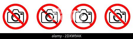 Consente di interrompere l'impostazione delle icone della fotocamera. Illustrazione vettoriale. Nessun segno fotografico. La fotocamera è vietata. Illustrazione Vettoriale