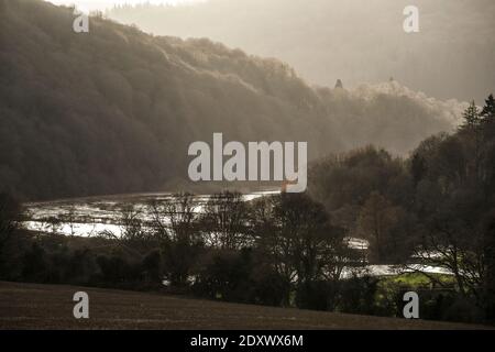 Il fiume Wye esplode la sua riva in un'inondazione notturna lungo la Wye Valley, Galles. I livelli del fiume possono ancora diventare più alti. Foto Stock