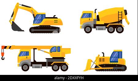 Diversi tipi di macchine pesanti vista laterale. Veicoli per l'esecuzione di lavori di costruzione. Illustrazione Vettoriale
