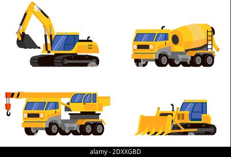 Set di macchine pesanti con tre quarti di vista. Veicoli per l'esecuzione di lavori di costruzione. Illustrazione Vettoriale