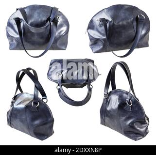 set di borsetta in pelle blu scuro, realizzata a mano, isolata su bianco sfondo Foto Stock