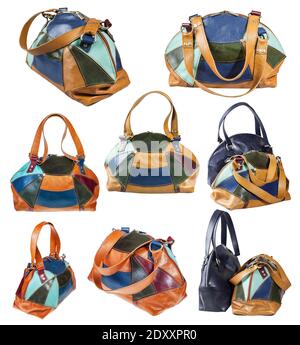 set di borse da viaggio in pelle patchwork realizzate a mano isolate su bianco sfondo Foto Stock