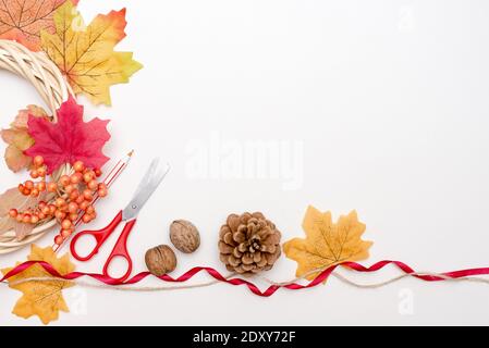 Autunno fatto a mano: Foglie e fiori secchi, cono di pino e piante su sfondo bianco. Vista dall'alto. Spazio per la copia a disposizione piatta Foto Stock