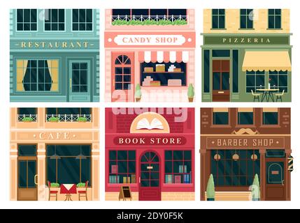 City building vintage facciata set, cartoon casa esterni Illustrazione Vettoriale