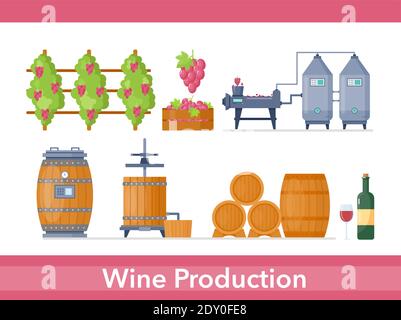 Processo di produzione del vino in set di produzione di fabbrica di cantine, linea di lavorazione del cartone animato Illustrazione Vettoriale