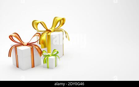 tre confezioni regalo con nastri colorati su sfondo bianco. rendering 3d Foto Stock