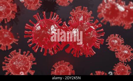 Processo di mutazione del coronavirus su sfondo scuro. illustrazione 3d della generazione di nuovi ceppi da virus in primo piano. Immagine microscopica astratta di mutato Foto Stock