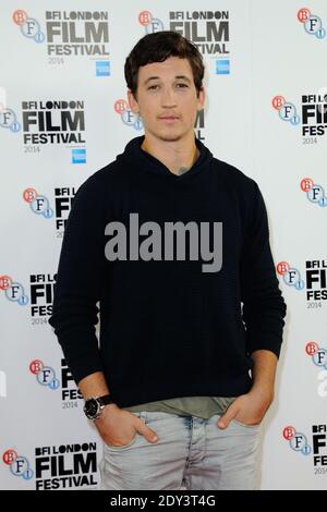 Miles Teller partecipa alla fotocellula Whiplash durante il BFI London Film Festival al Mayfair Hotel di Londra, Regno Unito, il 15 ottobre 2014. Foto di Aurore Marechal/ABACAPRESS.COM Foto Stock