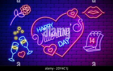 Biglietto o poster al neon valentines, banner vettoriale con cuori, bicchieri di champagne, calendario, rosa e labbra rosse, simbolo dell'amore. Illustrazione Vettoriale