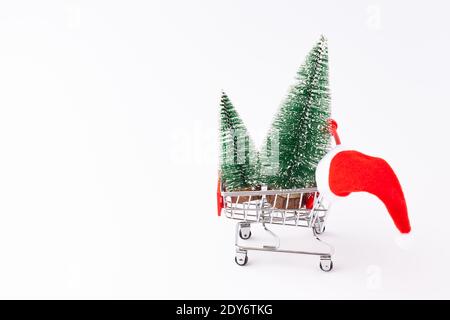 Due alberi di Natale in un carrello supermercato Foto Stock