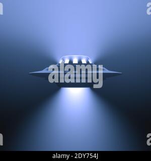 Oggetto volante non identificato di notte con nebbia e luce sotto, supposto fascio del trattore. Tracciato di ritaglio incluso, illustrazione 3D. Foto Stock