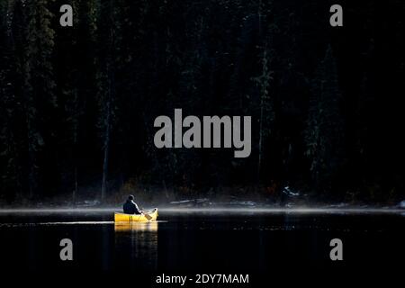 L'uomo robusto solista pagaie canoa sul lago misty calmo vicino foresta spessa Foto Stock