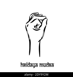 Hridaya mudra. Spiritualità della mano yoga indù delle dita gesto. Tecnica di meditazione per la salute mentale. Illustrazione Vettoriale