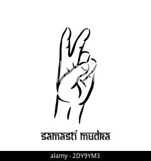 Samasti mudra. Spiritualità della mano yoga indù delle dita gesto. Tecnica di meditazione per la salute mentale. Illustrazione Vettoriale