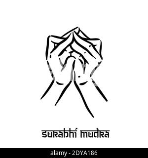 Surabhi mudra. Spiritualità della mano yoga indù delle dita gesto. Tecnica di meditazione per la salute mentale. Illustrazione Vettoriale