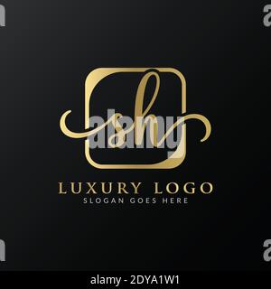 Modello vettoriale iniziale di progettazione logo SH letter. Design con logo astratto di lusso Letter SH Illustrazione Vettoriale