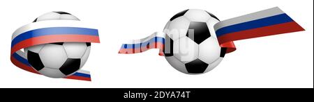 Palle per calcio, calcio classico in nastri con colori bandiera Federazione Russa. Elemento di design per le competizioni calcistiche. Vettore isolato su bianco Illustrazione Vettoriale