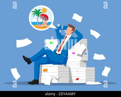 Il carattere dell'uomo d'affari dorme in mazzo di carte. Uomo d'affari stanco o lavoratore d'ufficio che dorme sul posto di lavoro. Stress sul lavoro. Burocrazia, documentazione, scadenza. Illustrazione vettoriale in stile piatto Illustrazione Vettoriale