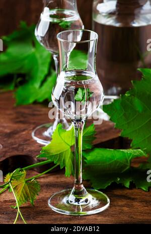 Vodka d'uva, pisco - bevanda alcolica forte peruviana tradizionale in bicchieri eleganti su tavolo di legno d'annata, spazio copia Foto Stock