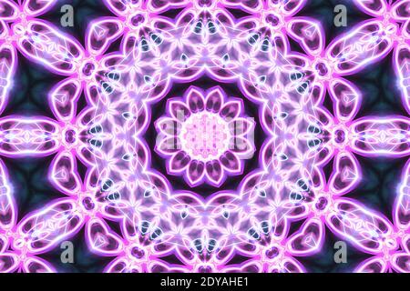 Neon lilla viola incandescente mandala geometrico. Sfondo caleidoscopico. Magia mistica fantasia frattale. Foto Stock