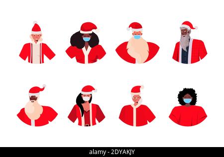 set mix gara santa uomini donne in maschere nuovo anno natale vacanze celebrazione concetto quarantena coronavirus avatar collezione orizzontale ritratto illustrazione vettoriale Illustrazione Vettoriale
