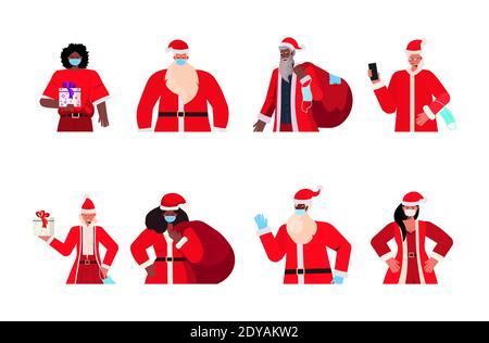 set mix gara santa uomini donne in maschere nuovo anno natale vacanze celebrazione concetto di quarantena coronavirus ritratto orizzontale illustrazione vettoriale Illustrazione Vettoriale