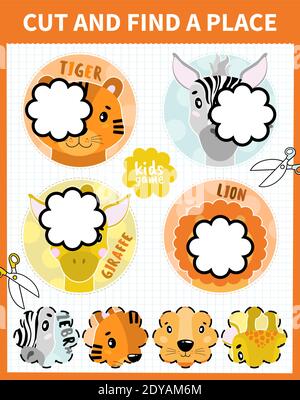 Bambini gioco di bordo tagliare e trovare per i preschoolers e gli studenti della scuola primaria worksheets.Page leggere e partita per bambini libro educativo. Illustrazione Vettoriale