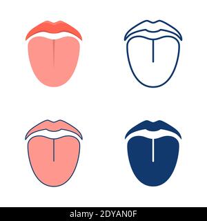 Icona della bocca e della lingua impostata in stile piatto e lineare. Simbolo dell'organo di senso umano. Illustrazione vettoriale. Illustrazione Vettoriale