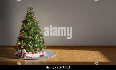 Corona virus Baubles appeso su albero di natale con scatola regalo Illustrazione 3D Foto Stock