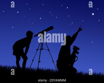 padre e figlio studiano il cielo stellato attraverso un telescopio sul prato Foto Stock